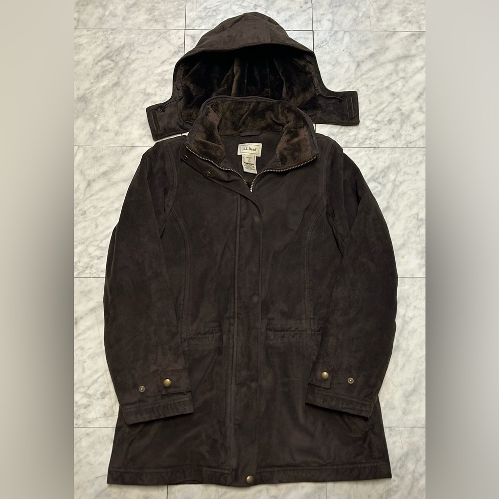 LL Bean Women’s Jacket Coat Soft Polyester Size Small Reg Detach Hood Brown